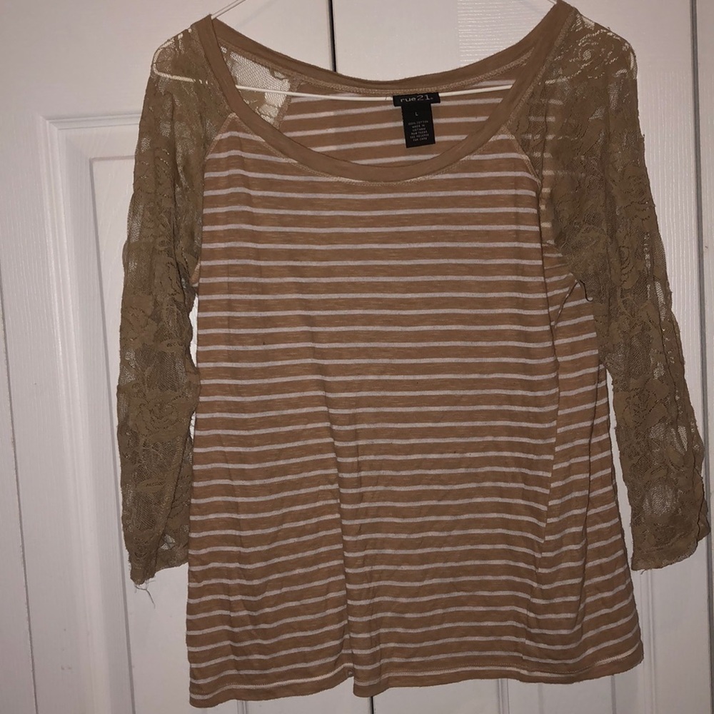 Tan & White Striped Quarter Sleeve Shirt